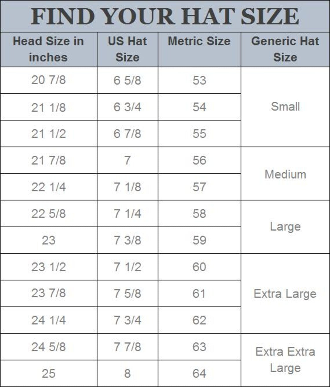 Hat size chart converting head size in inches to US, metric, and generic hat sizes.