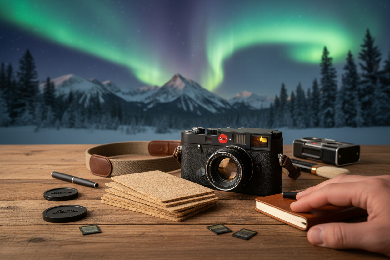 Amadou optical cleaners and Camera and photography equipment on a wooden table with a scenic background of mountains and the Northern Lights.